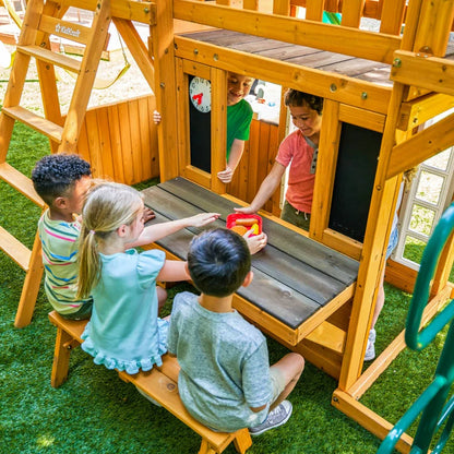KidKraft Adventure Bend Two-Story Wood Swing Set with Clubhouse, Triple Slide, and Acrobar image 4