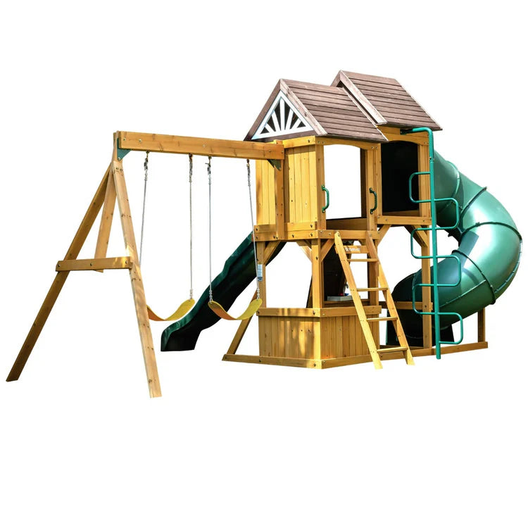 KidKraft Laurel Retreat Multi-Level Clubhouse Swing Set with Two Slides and Two Swings image 9