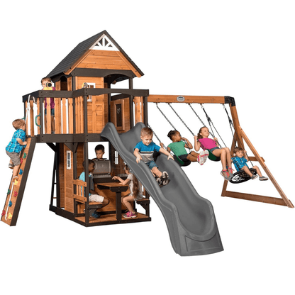 Canyon Creek All Cedar Swing Set Playset w/ Rockwall Upper Fort Belt Swings Web Swing Gray Wave Slide, and Play Kitchen image 0