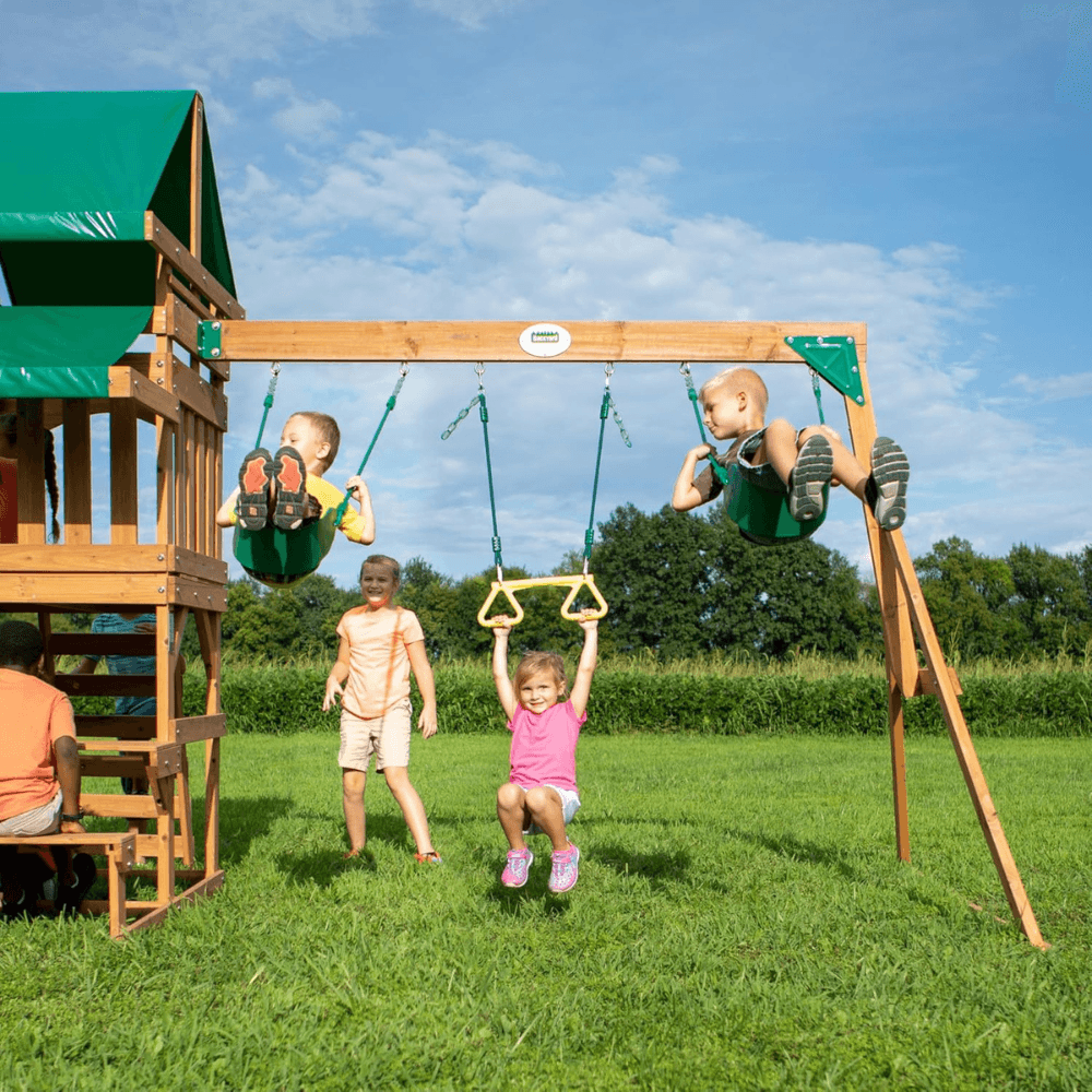 Canyon Creek All Cedar Swing Set Playset w/ Rockwall Upper Fort Belt Swings Web Swing Gray Wave Slide, and Play Kitchen image 2
