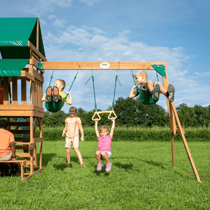 Canyon Creek All Cedar Swing Set Playset w/ Rockwall Upper Fort Belt Swings Web Swing Gray Wave Slide, and Play Kitchen image 2