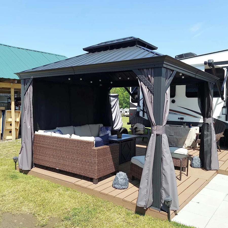 PURPLE LEAF 10X14 Patio Gazebo for Backyard Grey Hardtop Galvanized Steel Roof Awning with Upgrade Curtain image 10