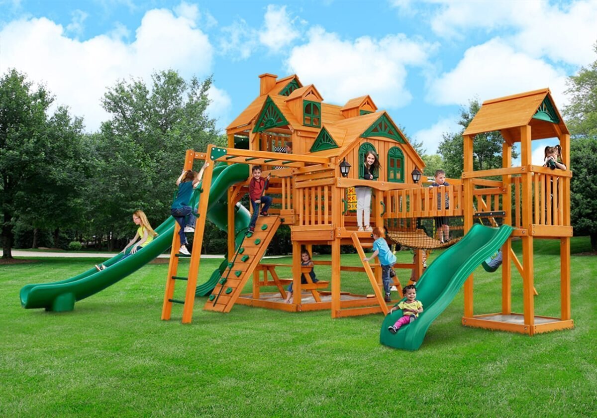 Gorilla Playsets Empire Extreme Wooden Swing Set with Monkey Bars, Clatter Bridge, Tower, and 3 Slides image 1