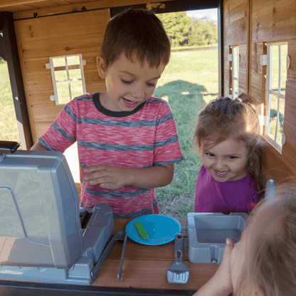 Canyon Creek All Cedar Swing Set Playset w/ Rockwall Upper Fort Belt Swings Web Swing Gray Wave Slide, and Play Kitchen image 4