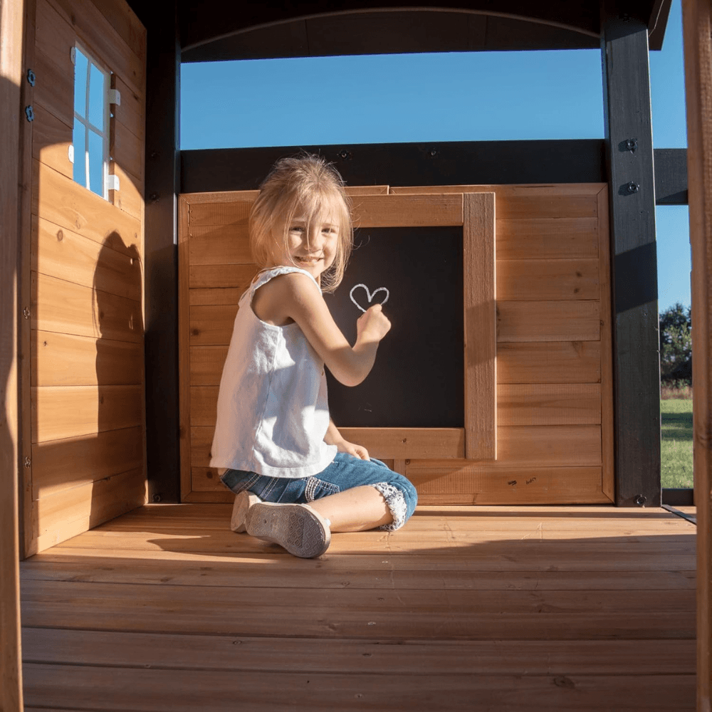 Canyon Creek All Cedar Swing Set Playset w/ Rockwall Upper Fort Belt Swings Web Swing Gray Wave Slide, and Play Kitchen image 5