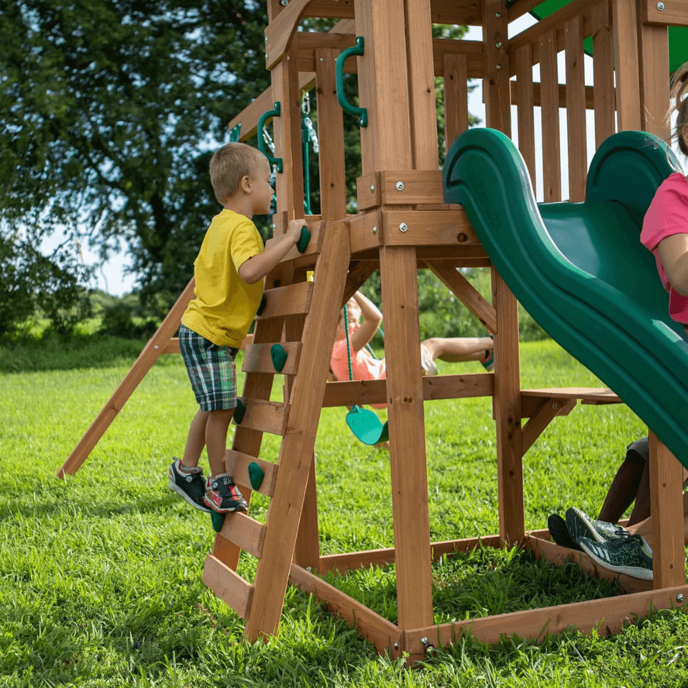 Canyon Creek All Cedar Swing Set Playset w/ Rockwall Upper Fort Belt Swings Web Swing Gray Wave Slide, and Play Kitchen image 5