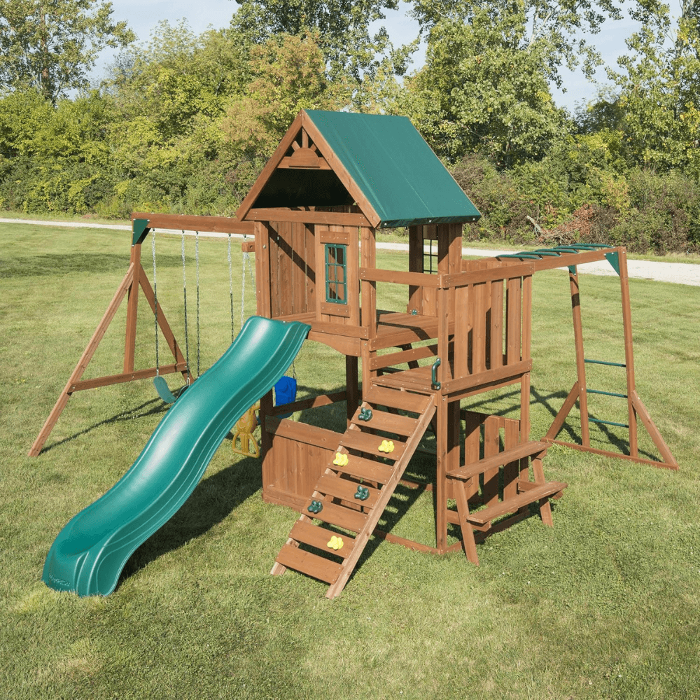 Knightsbridge Plus Complete Wooden Outdoor Playset with Monkey Bars, Slide, Rock Wall and Swing Set Accessories image 6
