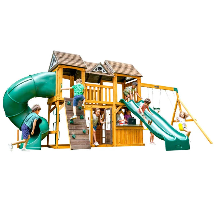 KidKraft Adventure Bend Two-Story Wood Swing Set with Clubhouse, Triple Slide, and Acrobar image 1