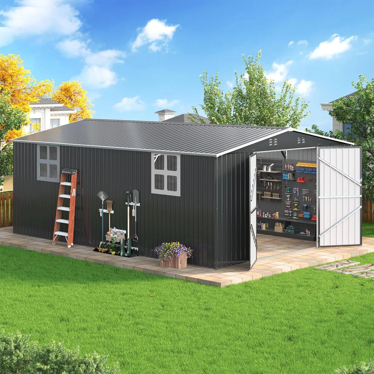 12 ft. W x 18 ft. D Large Outdoor Metal Shed, All-Steel Construction with Windows and Lockable Doors image 1