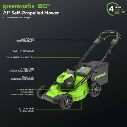 Greenworks 80V 21″ Cordless Battery Brushless Self-Propelled Mower 3pc Combo Kit image 1