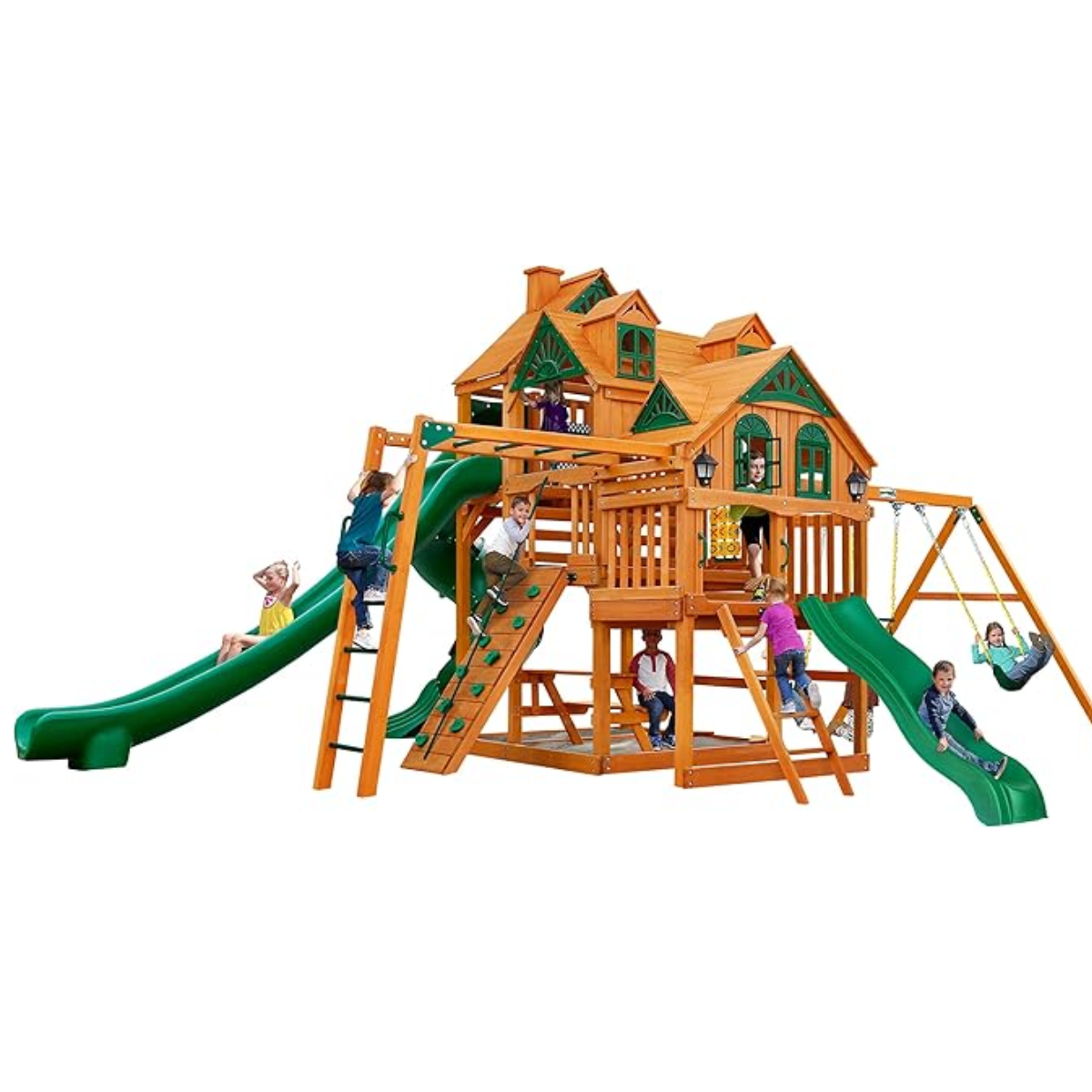 Gorilla Playsets Empire Extreme Wooden Swing Set with Monkey Bars, Clatter Bridge, Tower, and 3 Slides image 0