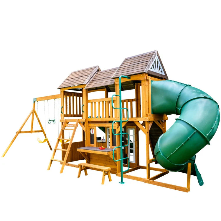 KidKraft Adventure Bend Two-Story Wood Swing Set with Clubhouse, Triple Slide, and Acrobar image 19