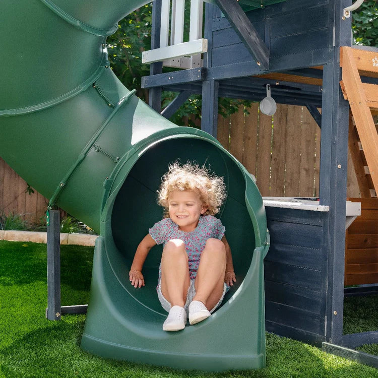 KidKraft Cozy Escape Navy Two-Story Wood Playhouse with Tube Slide and Clubhouse image 1