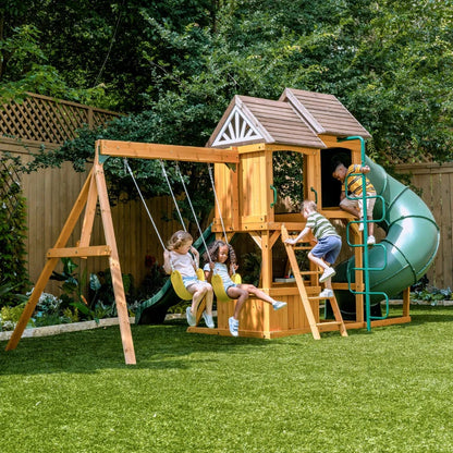 KidKraft Laurel Retreat Multi-Level Clubhouse Swing Set with Two Slides and Two Swings image 1