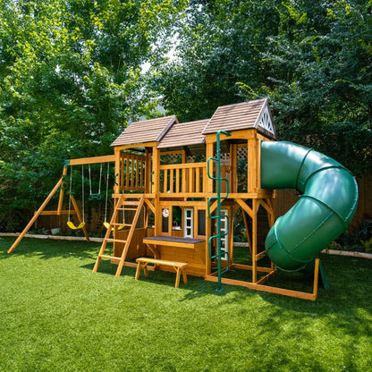 KidKraft Adventure Bend Two-Story Wood Swing Set with Clubhouse, Triple Slide, and Acrobar image 3