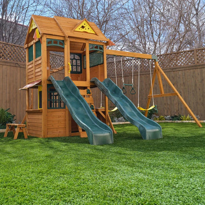 KidKraft Overland Heights Wood Swing Set with Monkey Bars, Double Wave Slide, and Play Kitchen image 2