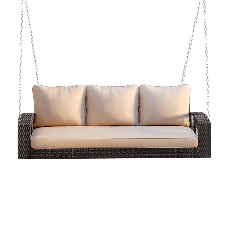 69″ Brown Woven Rattan Outdoor Swing Chair with Beige Cushions image 0