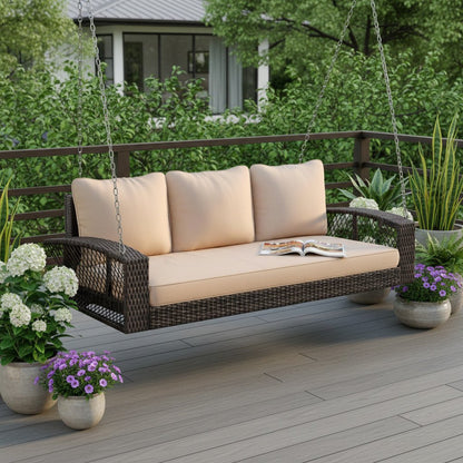 69″ Brown Woven Rattan Outdoor Swing Chair with Beige Cushions image 7