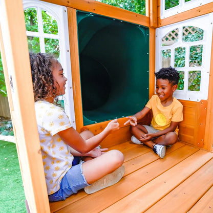 KidKraft Ridgemoor Perch Wood Swing Set with Playhouse, Rock Wall, and Tunnel Slide image 7