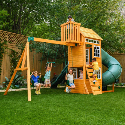 KidKraft Ridgemoor Perch Wood Swing Set with Playhouse, Rock Wall, and Tunnel Slide image 0