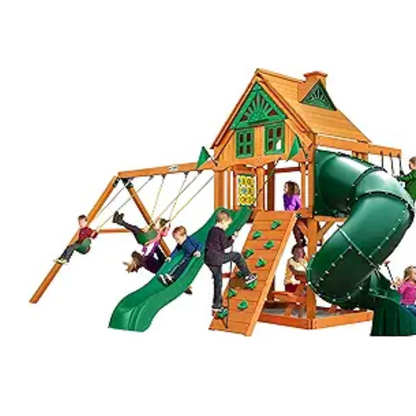 Gorilla Playsets Mountaineer Treehouse Wooden Swing Set with Tube Slide, Rope Ladder, and Sandbox image 0