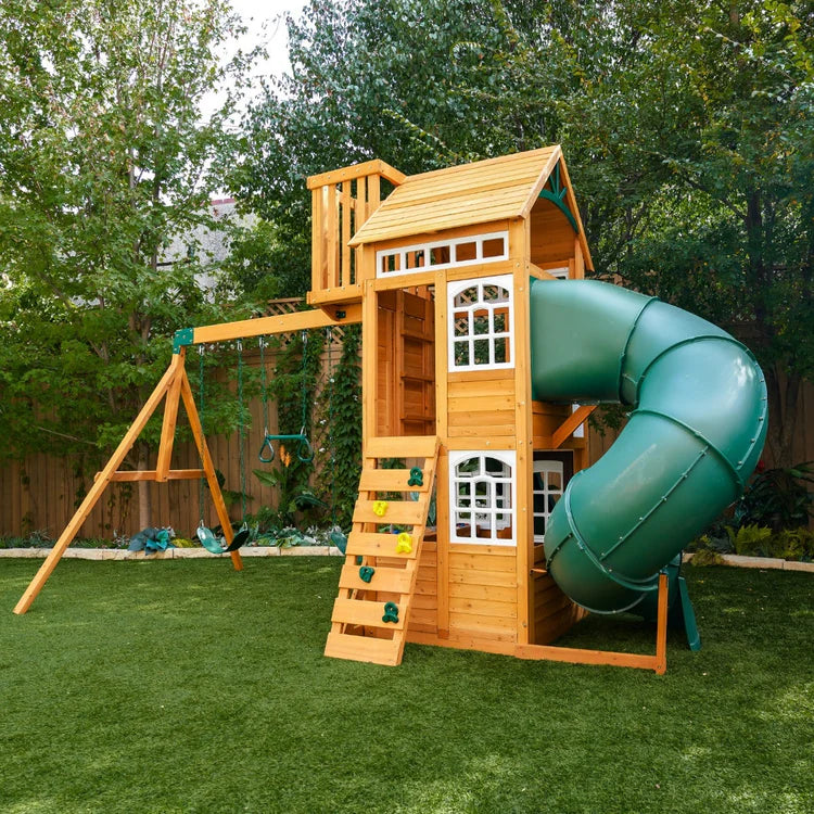 KidKraft Ridgemoor Perch Wood Swing Set with Playhouse, Rock Wall, and Tunnel Slide image 3
