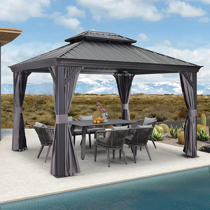 PURPLE LEAF 10X14 Patio Gazebo for Backyard Grey Hardtop Galvanized Steel Roof Awning with Upgrade Curtain image 0