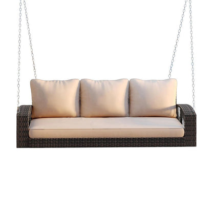 69″ Brown Woven Rattan Outdoor Swing Chair with Beige Cushions image 4