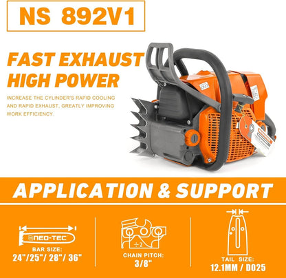 NEO-TEC Chainsaw NS892V 92CC Gas Chain Saw Fit 24/28/36/42 Inch Bar, For Big Wood Cutting, All Parts Fit MS660 066 G660 Chainsaws Without Bar image 1