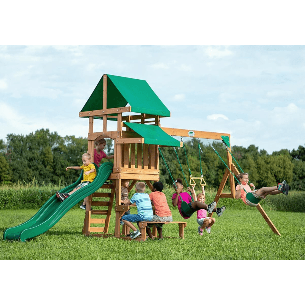Canyon Creek All Cedar Swing Set Playset w/ Rockwall Upper Fort Belt Swings Web Swing Gray Wave Slide, and Play Kitchen image 1