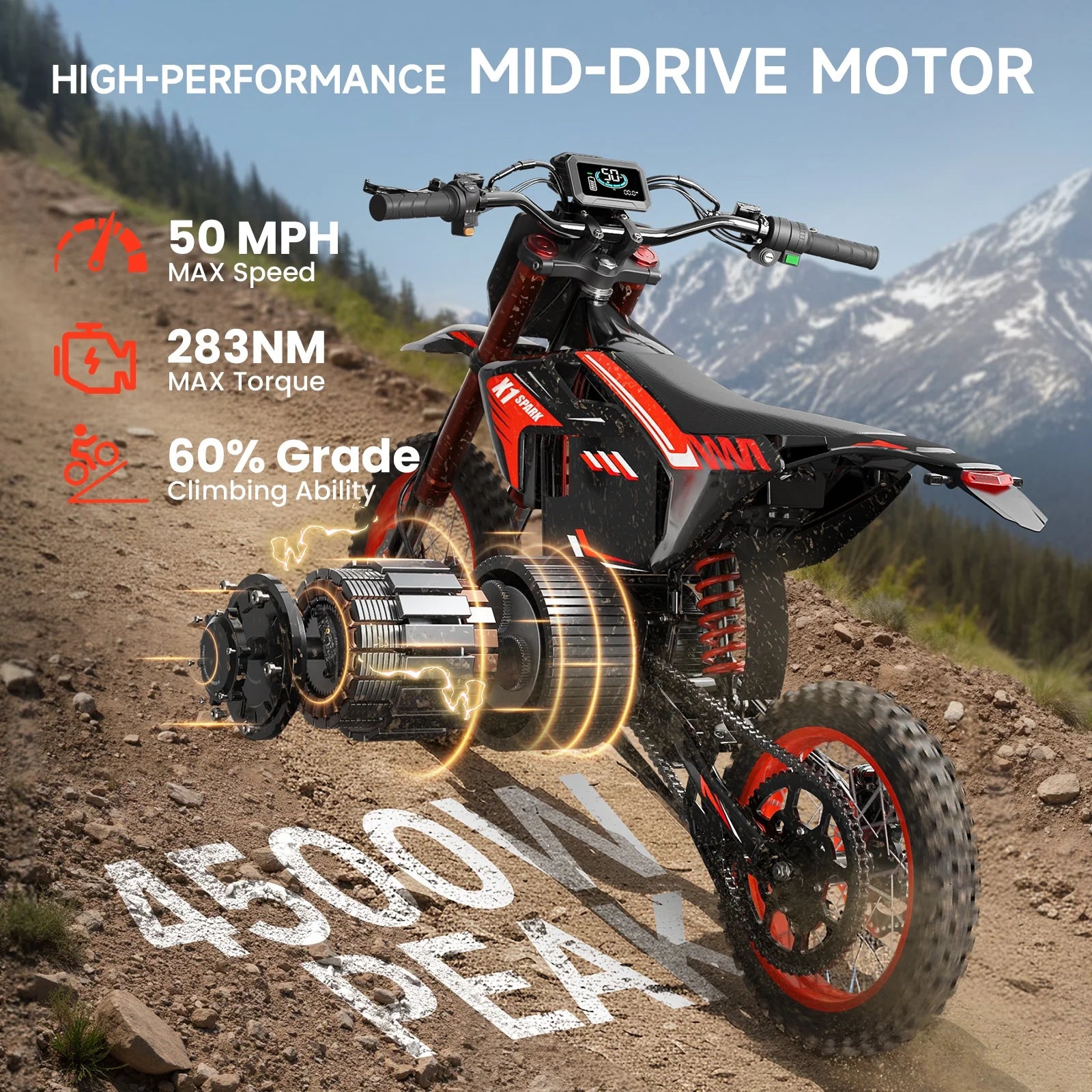 X1 Spark Electric Dirt Bike, 4500W Peak up to 60 Miles, 50MPH, 60V 28.8Ah Battery E-Bike, 14″/12″ Fat Tire Electric Motorcycle for Mountain off-Road Adults, E-Mountain Bike, Comply with UL2849 by SGS image 3