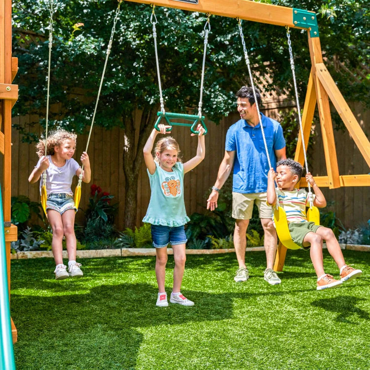 KidKraft Adventure Bend Two-Story Wood Swing Set with Clubhouse, Triple Slide, and Acrobar image 2