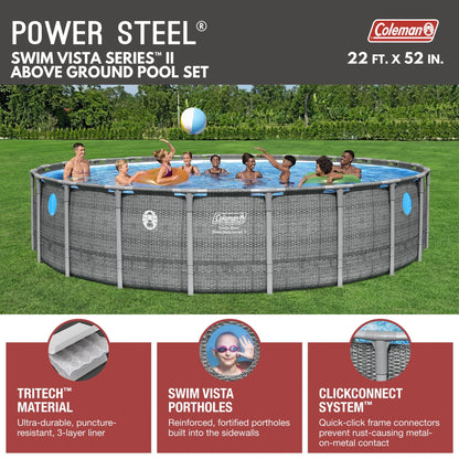 Coleman Power Steel 22’x52” Metal Frame Above Ground Pool w/ Pump, Ladder, & Cover, Gray image 8