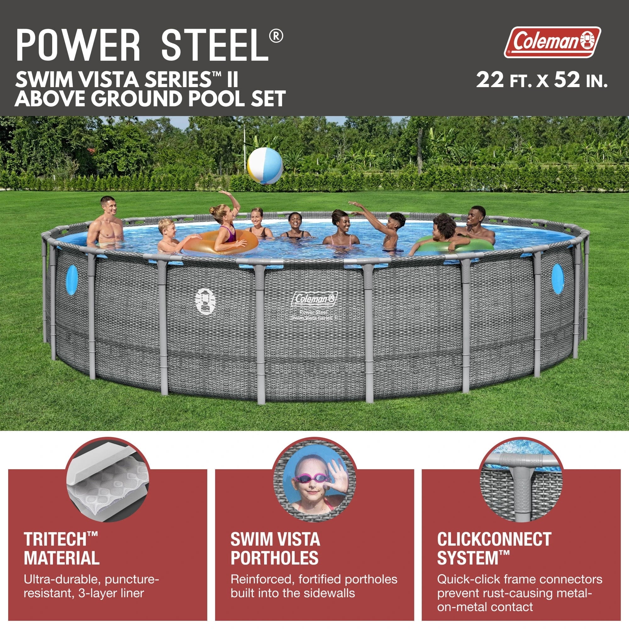 Coleman Power Steel 22’x52” Metal Frame Above Ground Pool w/ Pump, Ladder, & Cover, Gray image 8
