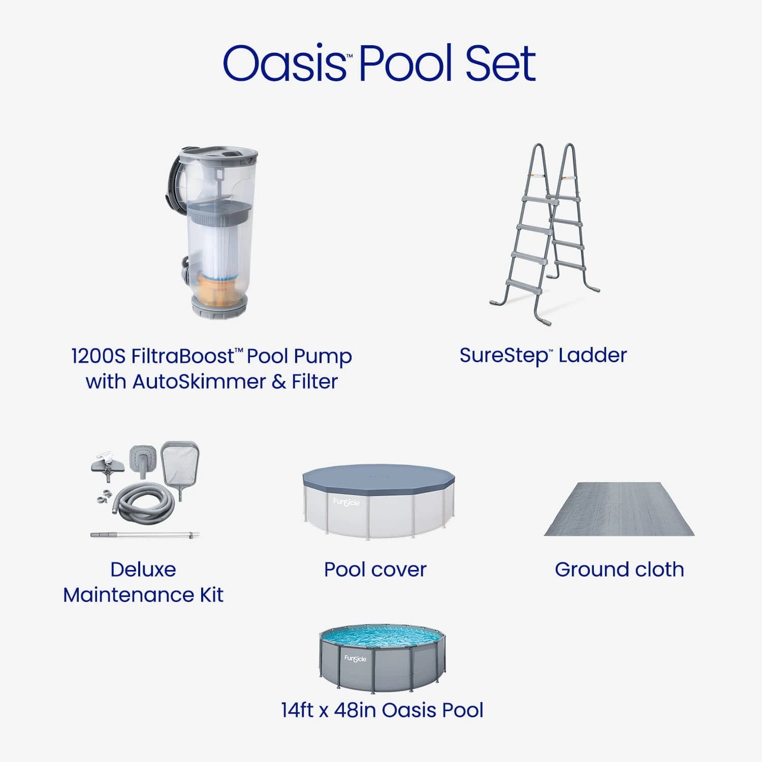 Funsicle Oasis Above Ground Metal Frame Swimming Pool Set – with FB1200S AutoSkimmer Pump, Ladder, Cover, Cloth & Deluxe Maint. Kit, 14′ x 48″, Round, Gray image 3