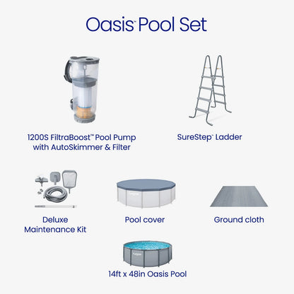 Funsicle Oasis Above Ground Metal Frame Swimming Pool Set – with FB1200S AutoSkimmer Pump, Ladder, Cover, Cloth & Deluxe Maint. Kit, 14′ x 48″, Round, Gray image 3