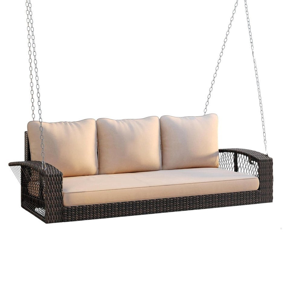 69″ Brown Woven Rattan Outdoor Swing Chair with Beige Cushions image 5