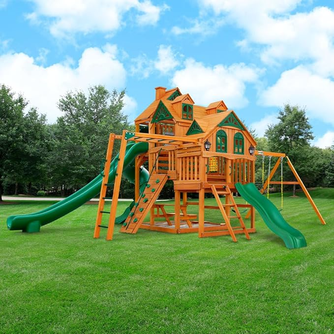 Gorilla Playsets Empire Extreme Wooden Swing Set with Monkey Bars, Clatter Bridge, Tower, and 3 Slides image 1