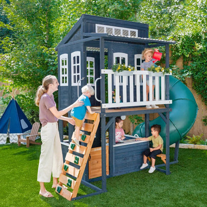 KidKraft Cozy Escape Navy Two-Story Wood Playhouse with Tube Slide and Clubhouse image 2