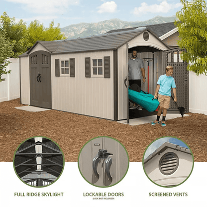 Lifetime 8′ x 17.5′ Outdoor Storage Shed Dual Entry, Tan image 1
