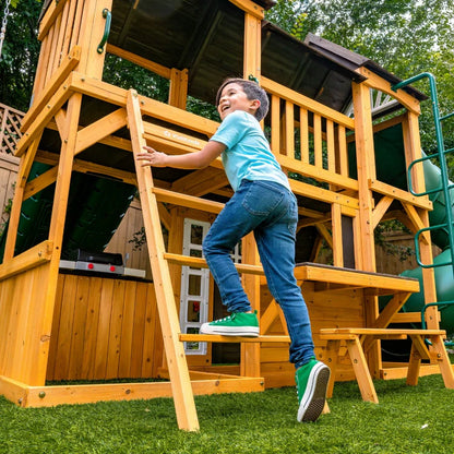 KidKraft Adventure Bend Two-Story Wood Swing Set with Clubhouse, Triple Slide, and Acrobar image 5