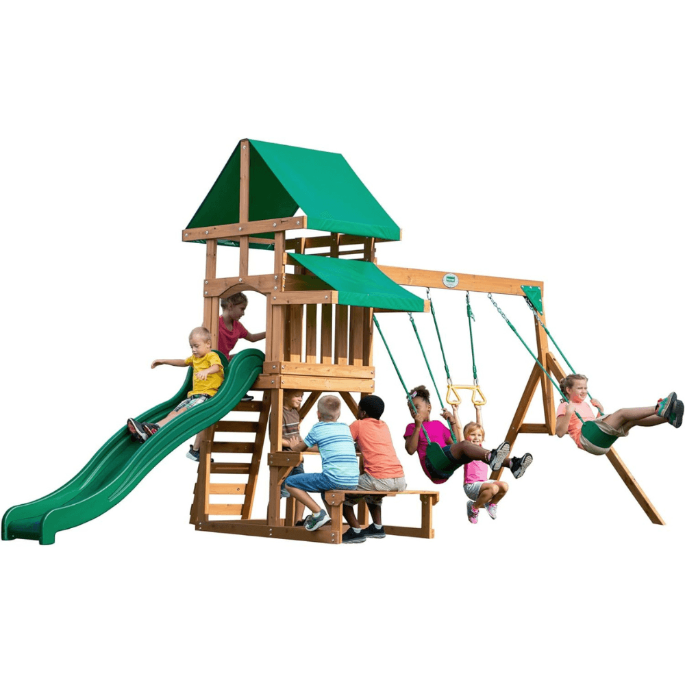 Canyon Creek All Cedar Swing Set Playset w/ Rockwall Upper Fort Belt Swings Web Swing Gray Wave Slide, and Play Kitchen image 0