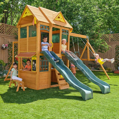 KidKraft Overland Heights Wood Swing Set with Monkey Bars, Double Wave Slide, and Play Kitchen image 0