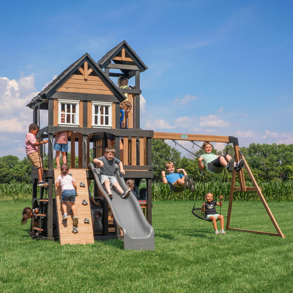 Backyard Discovery Mystic Tower Multi-Level Cedar Swing Set with Hidden Climbing Tower image 0