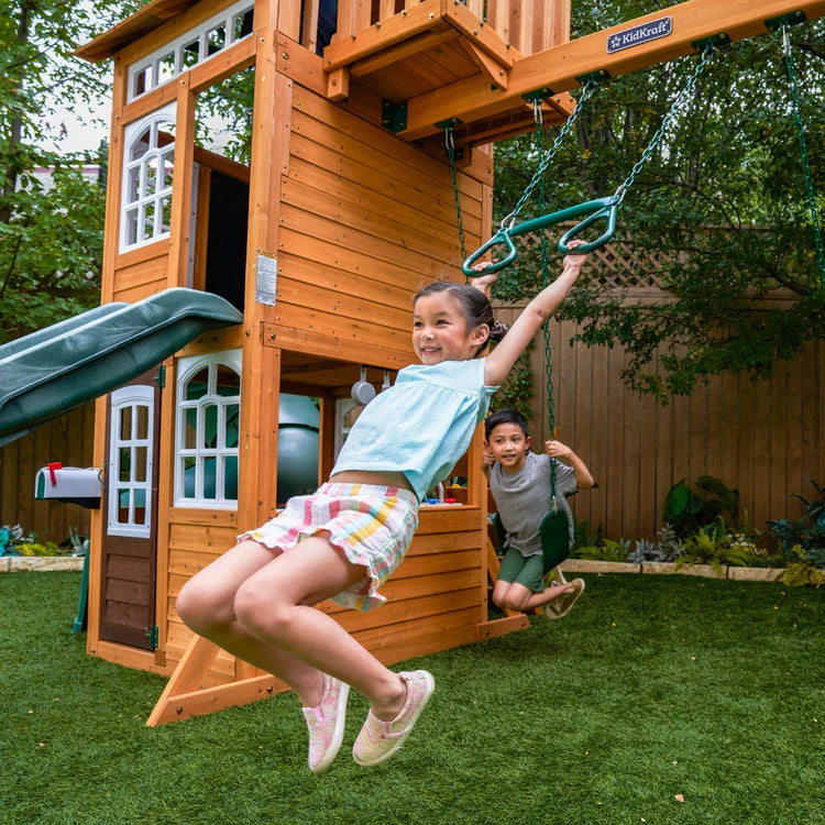 KidKraft Ridgemoor Perch Wood Swing Set with Playhouse, Rock Wall, and Tunnel Slide image 8