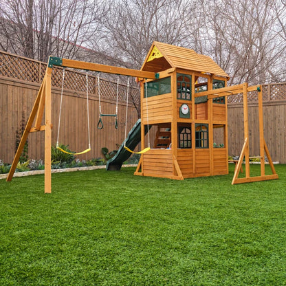 KidKraft Overland Heights Wood Swing Set with Monkey Bars, Double Wave Slide, and Play Kitchen image 1